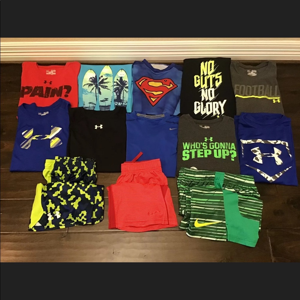 Lot of (13) Boy UNDER ARMOUR Nike Short Sleeve Shirts Shorts YXL L, Active EASY!